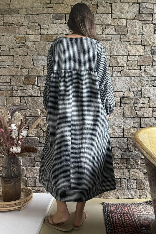 Arbi Gingham Artist Peasant Dress Black
